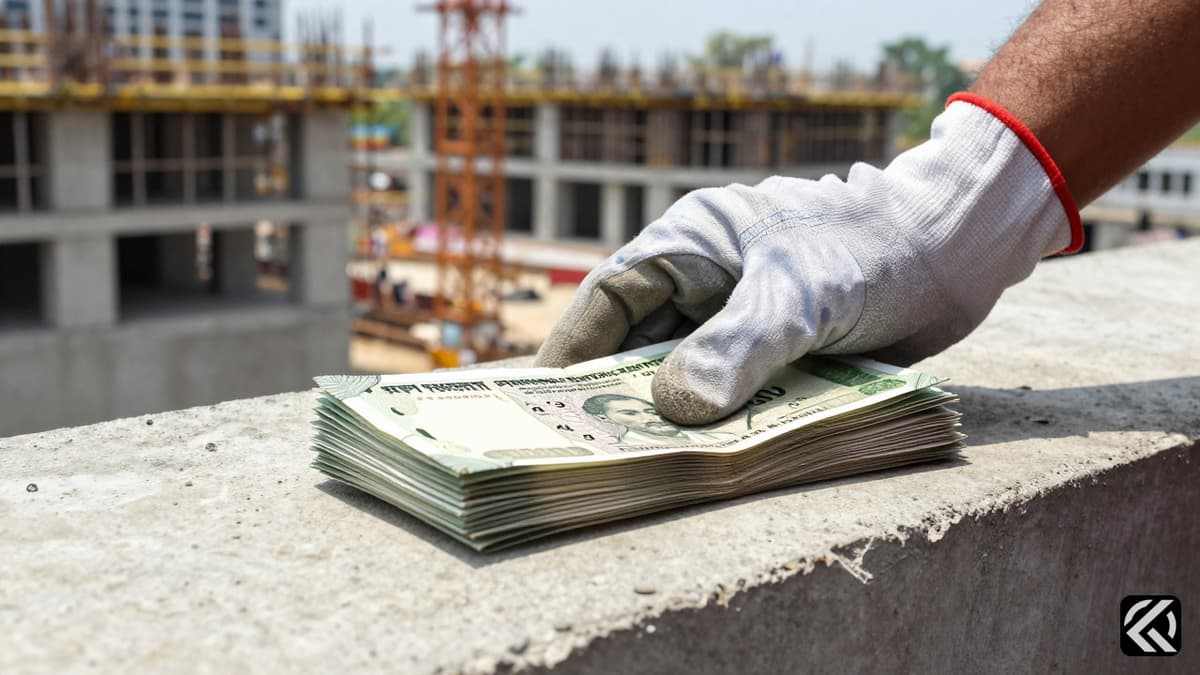A close-up of a construction worker's gloved hand holding Indian currency against a blurred urban construction site backdrop.