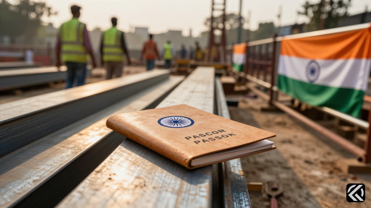Indian construction site with steel beams and a passbook on the ground symbolizing labor wages.