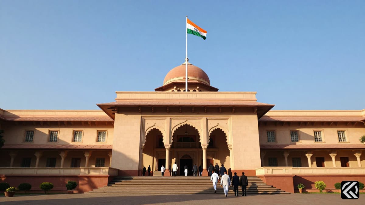 Exterior view of the Bihar Raj Bhawan and Secretariat building during a political transition with the Indian flag flying.