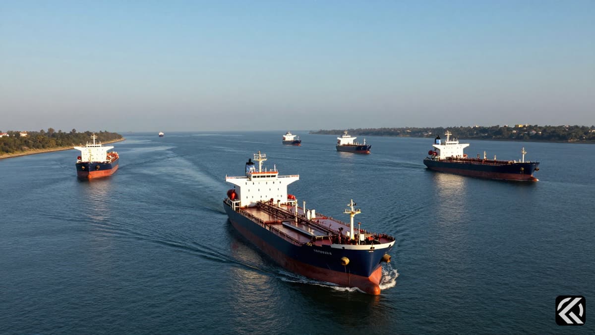 Oil tankers transit the Strait of Hormuz under a clear sky, symbolizing global energy routes.