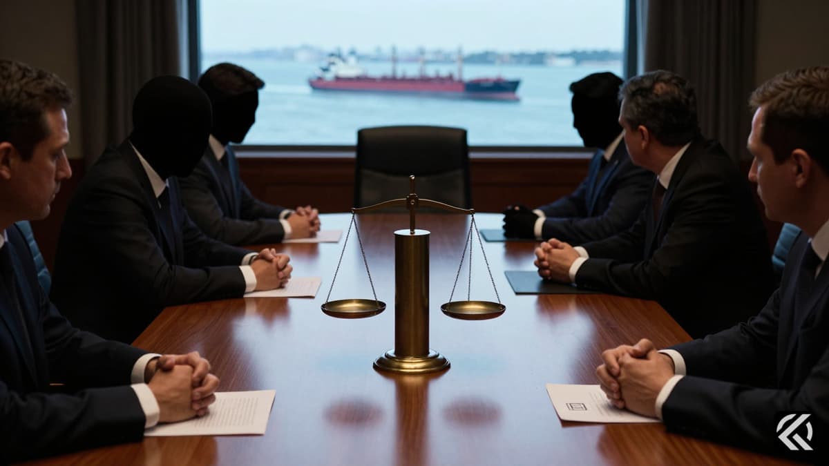 Realistic photo of a tense diplomatic table with nuclear material and a strait view, symbolizing stalled US-Iran negotiations.