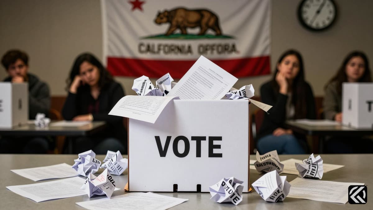 A chaotic California election scene with scattered ballots and a blurred crowd.