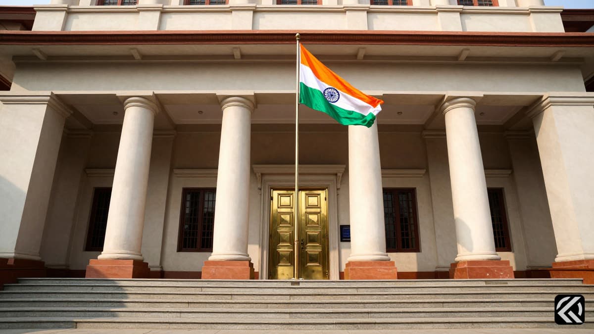 The entrance of the Raj Bhavan building with BJP and NDA flags fluttering in the wind under natural daylight.