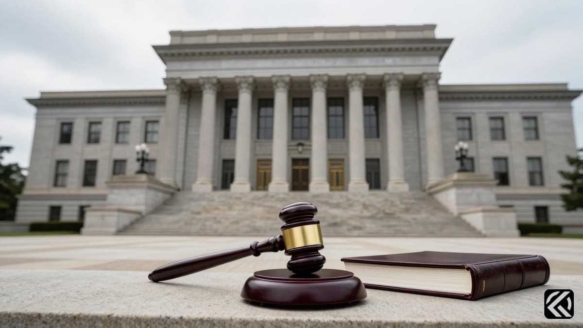 Federal courthouse exterior with a gavel and legal file symbolizing judicial contempt inquiry.