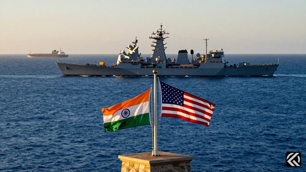 Realistic photo of ships in a strait with Indian and US flags, symbolizing the diplomatic call between Narendra Modi and Donald Trump.