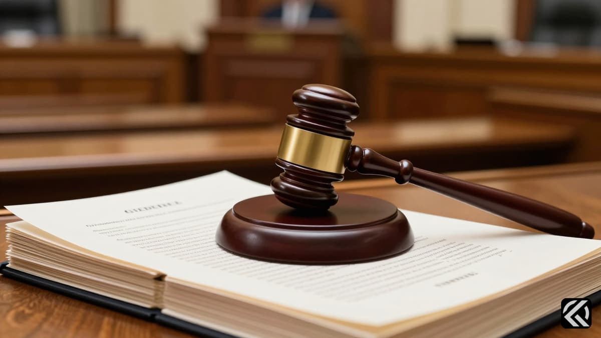 An ornate wooden gavel resting on legislative documents inside a blurred parliament chamber setting.