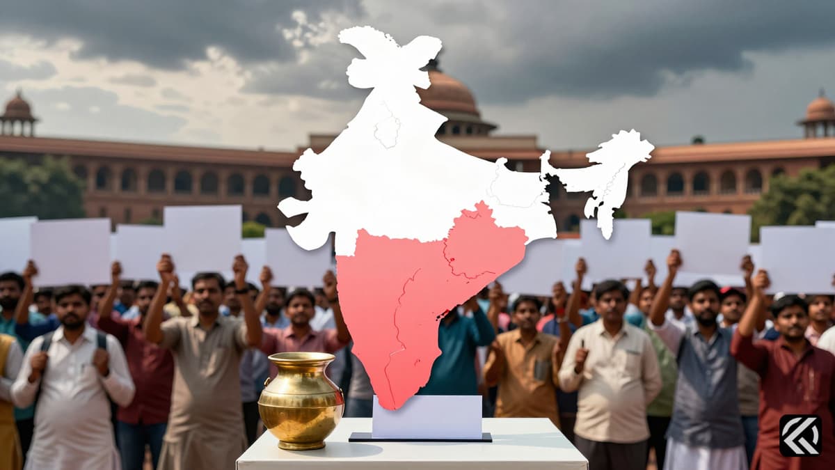 Indian citizens protesting a map highlighting southern regions near the Parliament building, symbolizing political resistance.