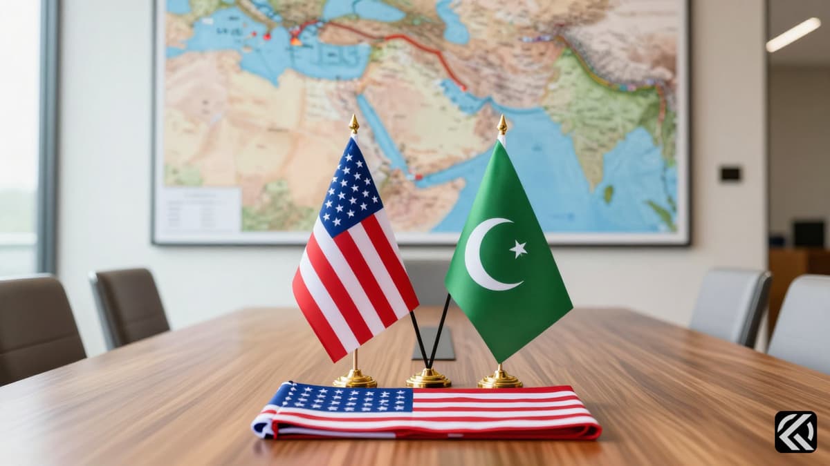 Diplomatic flags of the US, Iran, and Pakistan displayed on a negotiation table representing a potential new peace agreement.
