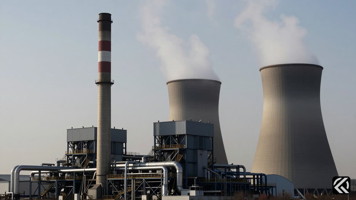 Exterior view of a dark industrial power plant smokestack with steam rising against a grey sky.