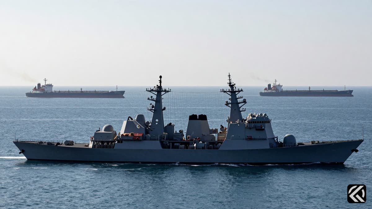 U.S. destroyer intercepting oil tankers in the Gulf of Oman during naval operations.