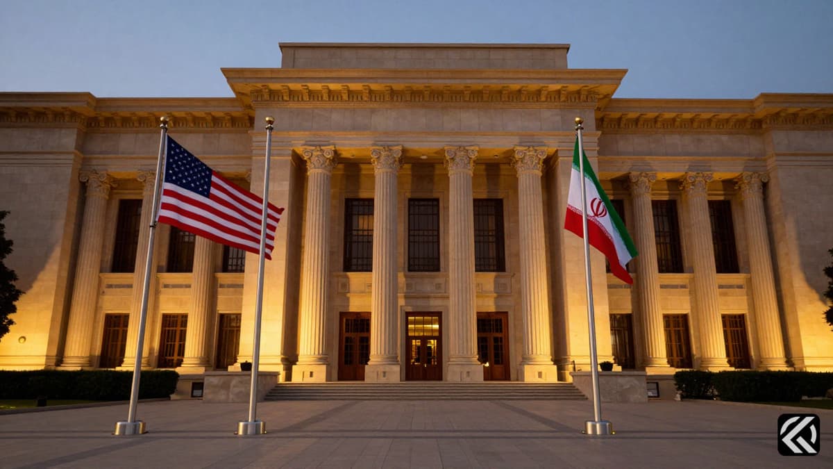 U.S. and Iranian flags standing together outside a diplomatic building in Islamabad.