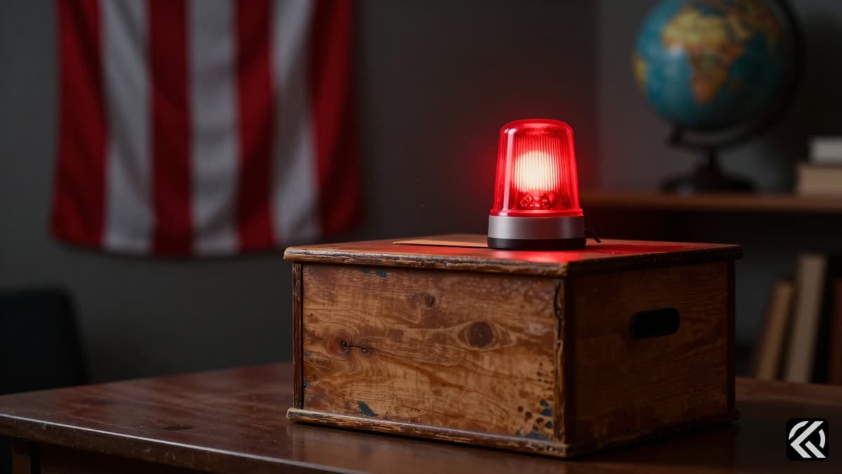 A dimly lit room with a tilted ballot box under red emergency light and a blurred flag in the background.