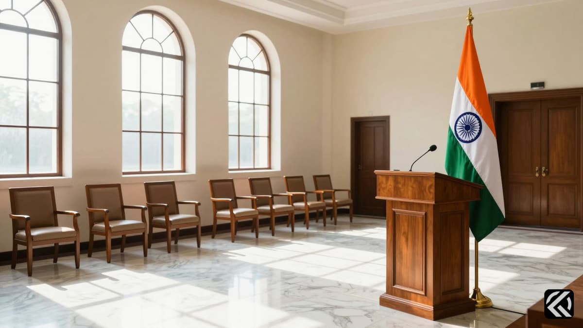 Empty ceremonial hall with Indian flag at podium for Bihar CM swearing-in