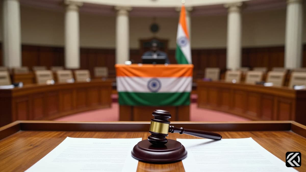 Formal Indian legislative hall with national flag and ceremonial gavel symbolizing government transition.