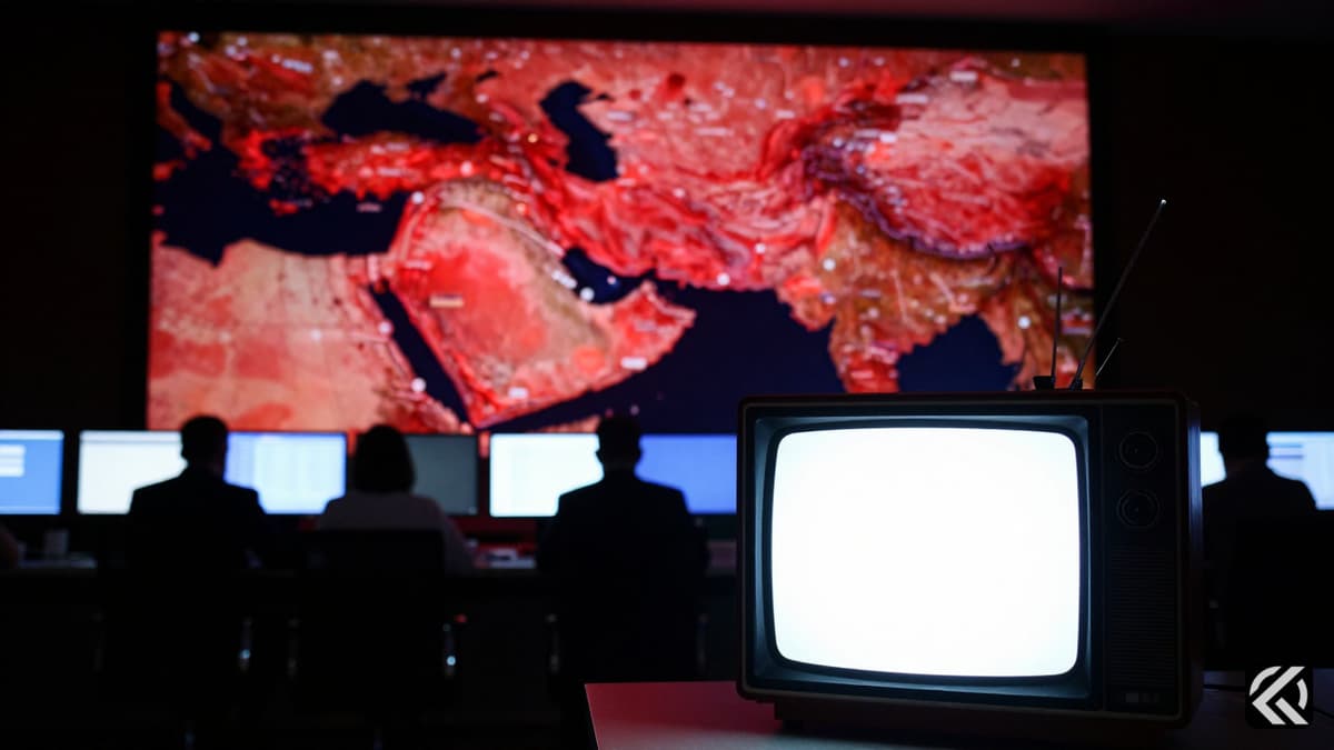 Dim newsroom with a glowing map of conflict zones and a blank TV screen.