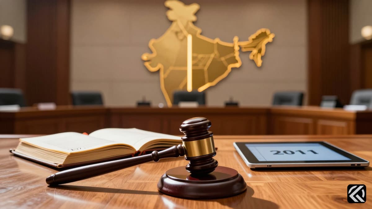 Realistic depiction of a wooden desk with a gavel and census documents symbolizing Lok Sabha seat reallocation.