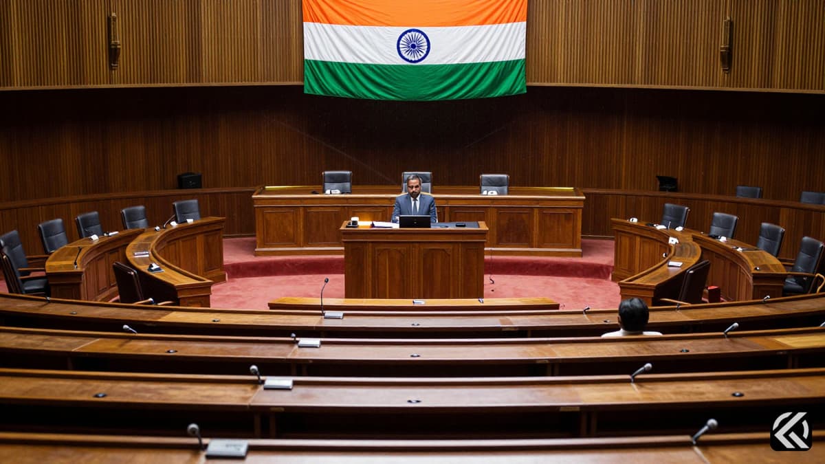 Parliamentary hall with Indian flag and empty desks symbolizing legislative debate on Indian political bills.