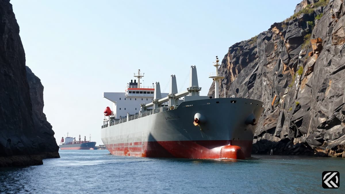 A large cargo ship sailing through a narrow strategic waterway with oil tankers in the background under bright sunlight.