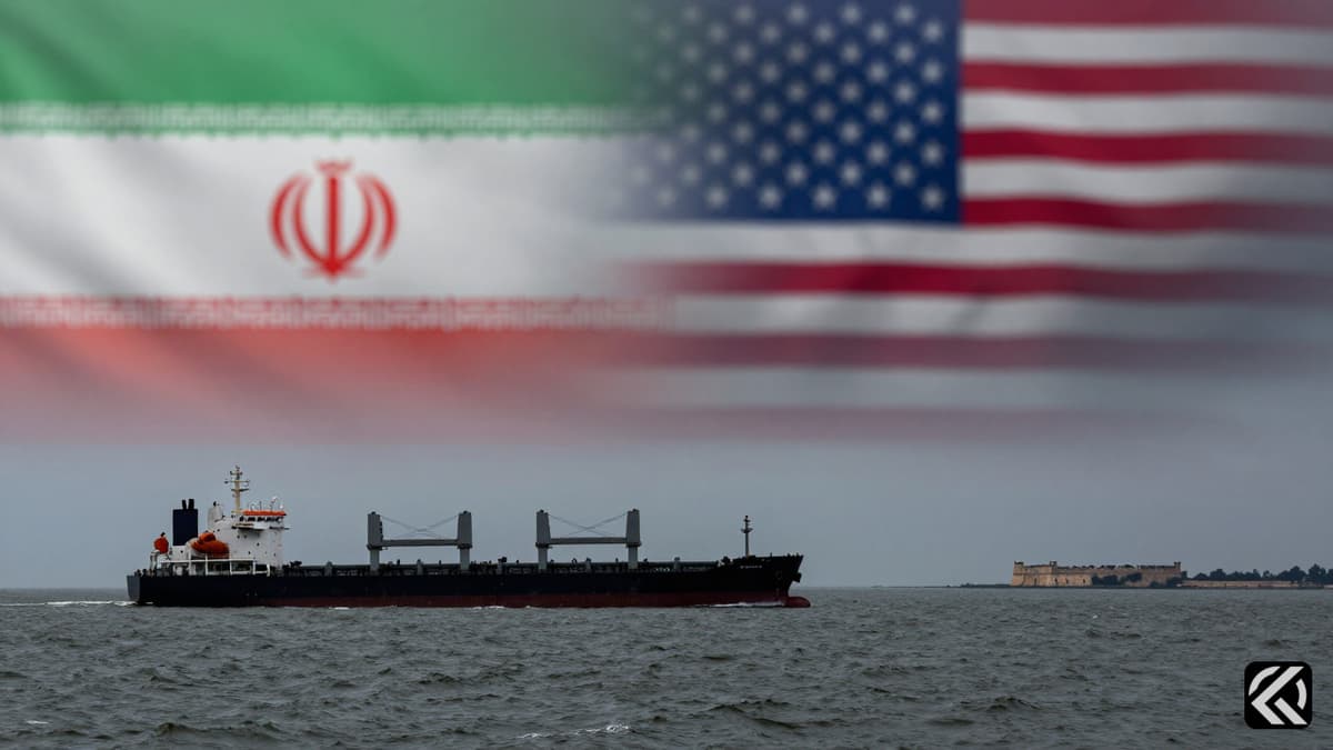 Cargo ships navigating the stormy Strait of Hormuz under a sky symbolizing US and Iranian tension.