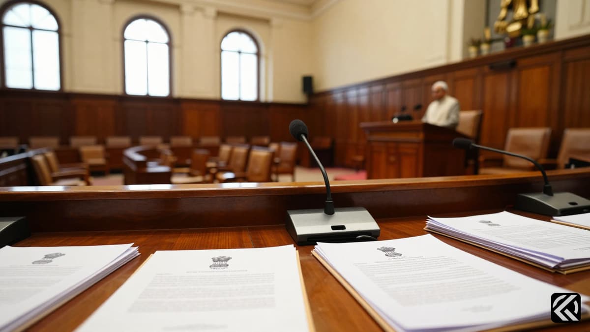 Empty wooden chairs and a podium in a formal Indian parliamentary chamber symbolizing upcoming legislative debates.