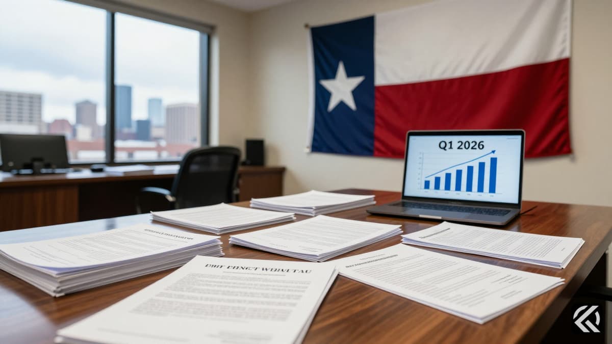 Stacks of campaign finance documents and a Texas flag in a political office representing the Q1 2026 fundraising surge.