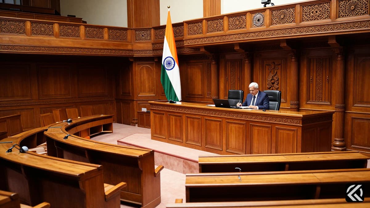Interior of the Indian Parliament showing the Speaker's podium and opposition benches with national flag.