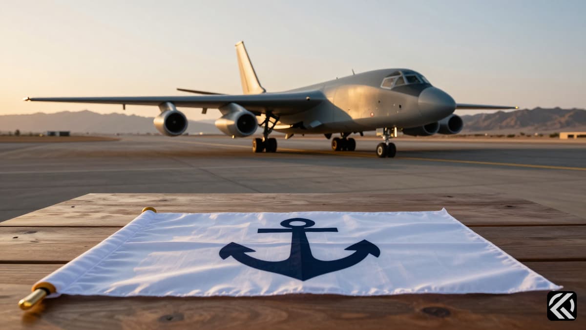 Military aircraft on a desert runway with peace flag and anchor symbolizing diplomatic talks