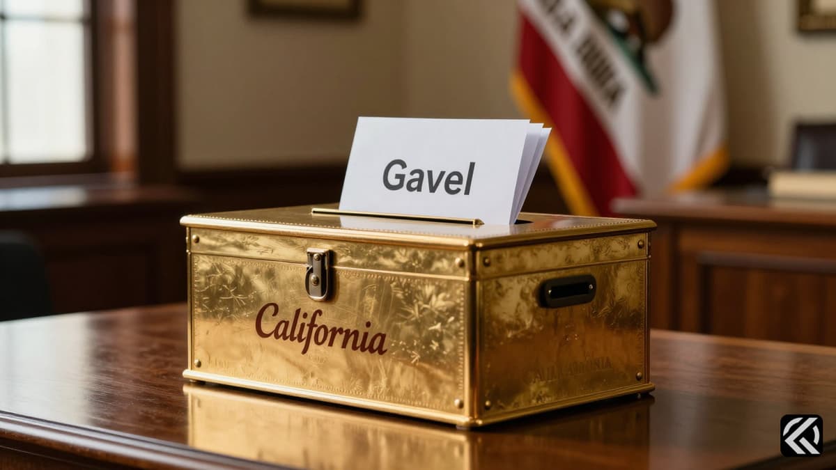 A ballot box with California state flag and a gavel on a desk symbolizing the political tension in the governor's race.