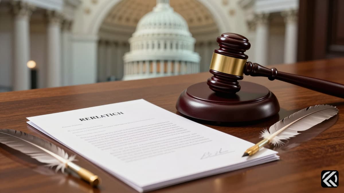 A gavel and resignation documents on a wooden desk inside the US Capitol symbolizing a career's end.