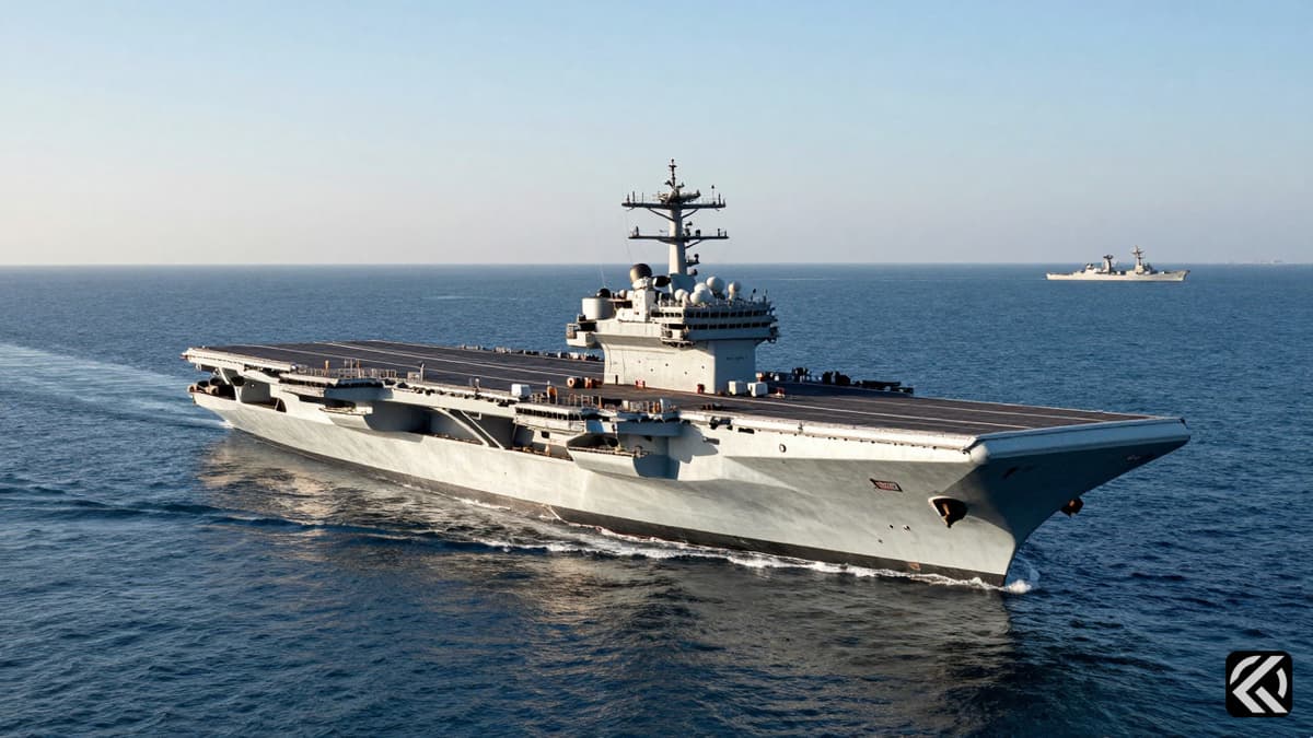 A large naval aircraft carrier sailing on open ocean waters near a port area.