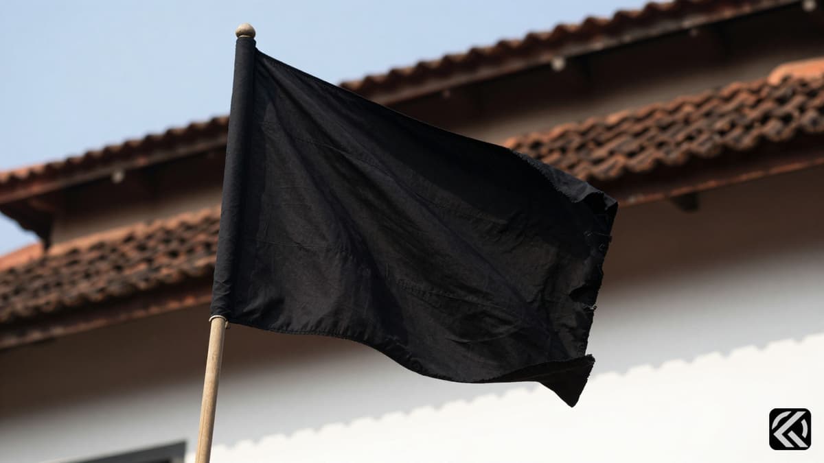 A black flag waving on a pole atop a traditional house roof against a blue sky.