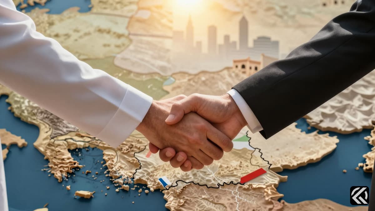 Symbolic abstract image of a handshake over a Middle East map representing diplomatic dialogue.