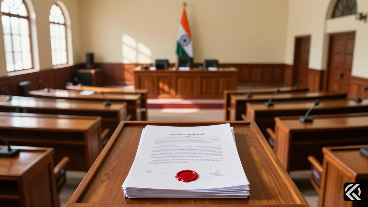 Wooden desks in the Indian Lok Sabha chamber with a stack of official amendment documents on the podium and the national flag in the background.