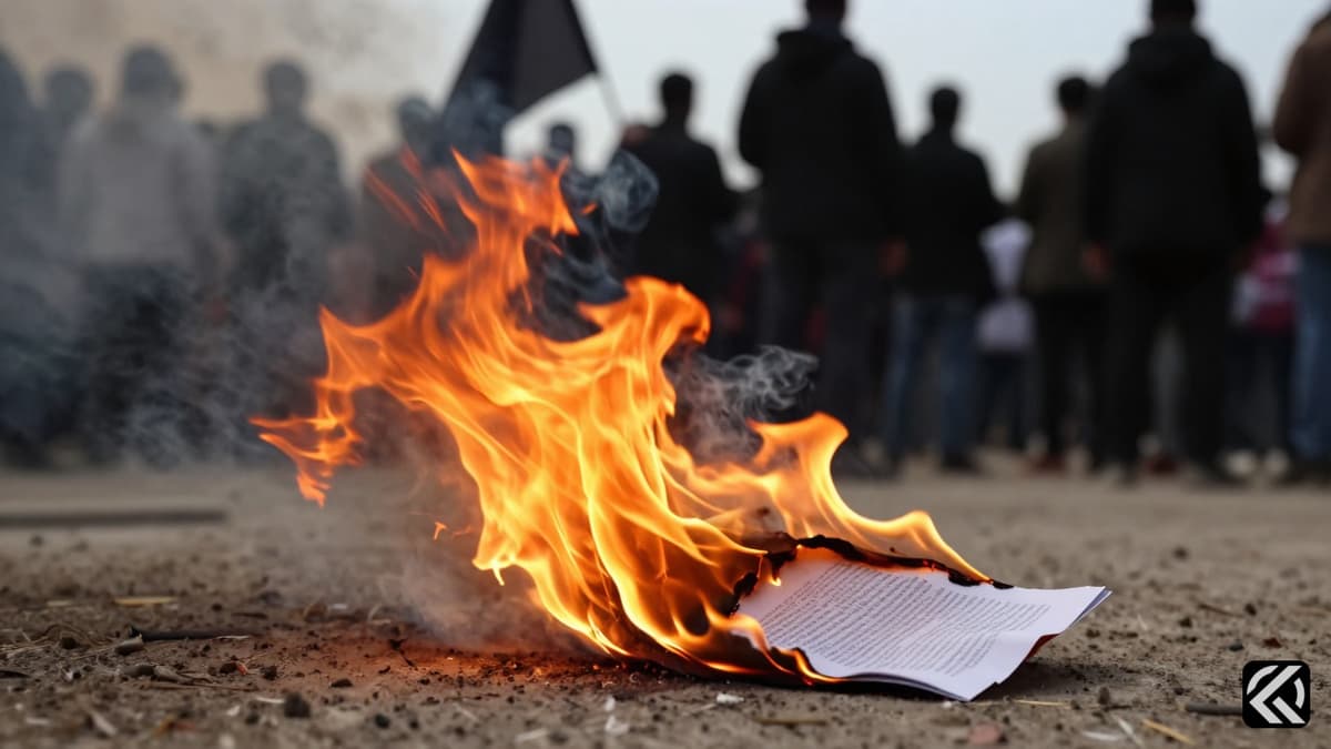 A burning document on the ground surrounded by a crowd holding black flags during a protest.