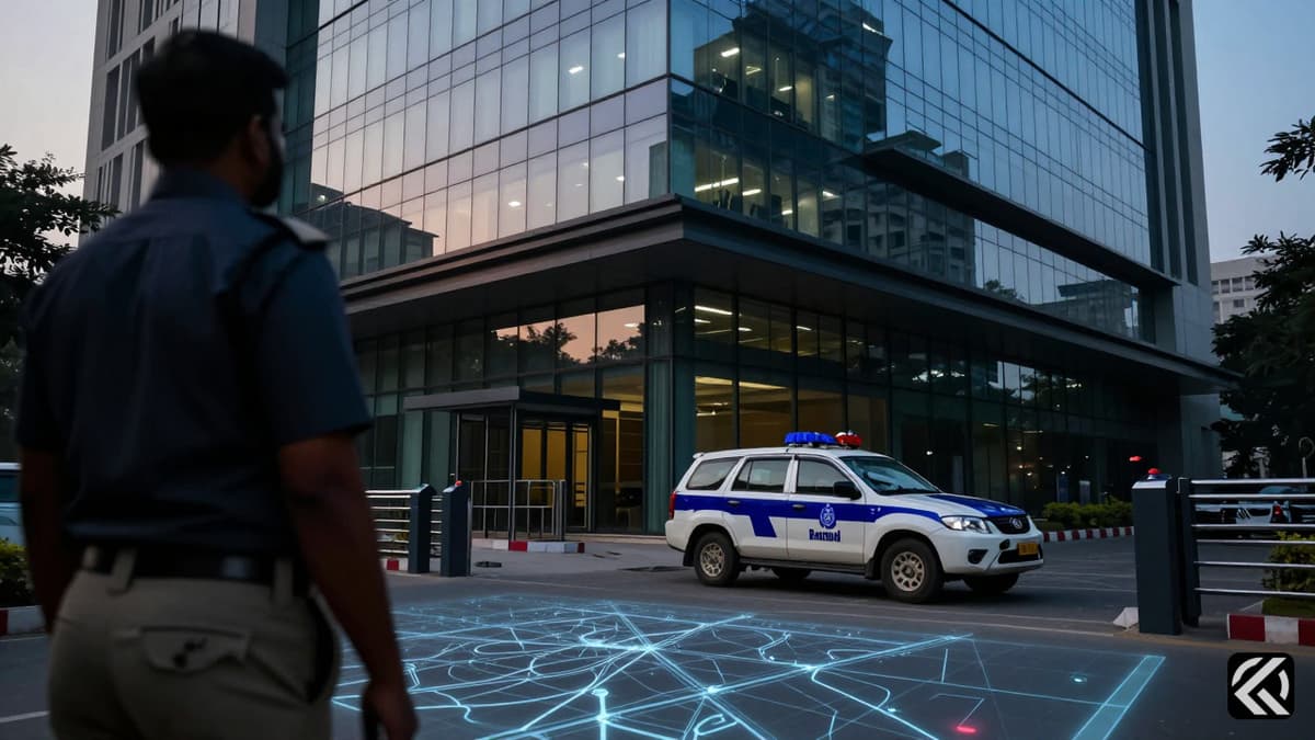 Police vehicle outside a modern corporate building with an investigating officer, symbolizing the NIA ATS involvement in TCS Nashik harassment case.