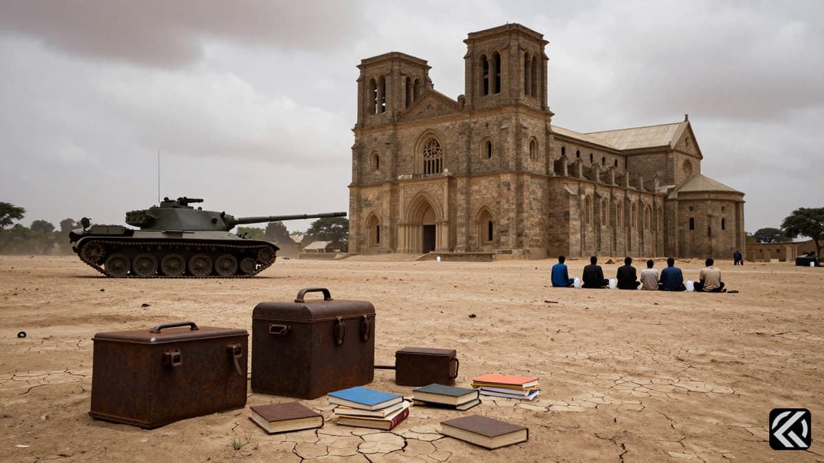 Cathedral and barren land with medical supplies and military tank silhouette symbolizing war's impact.