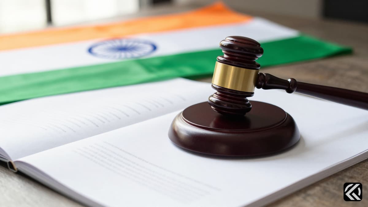 Wooden gavel on legislative document with Indian flag symbolizing political decision making.