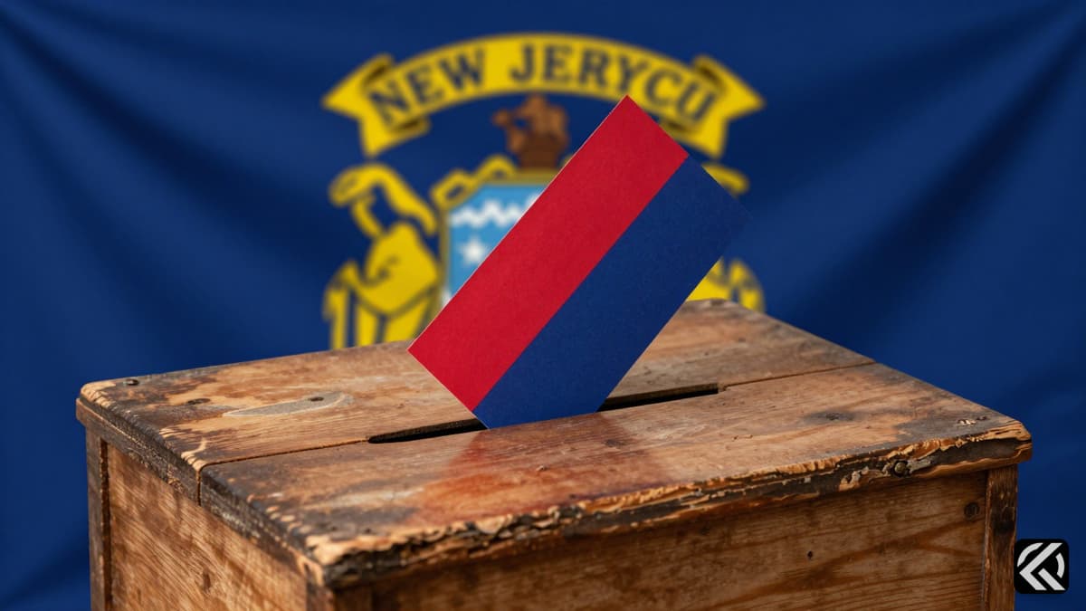 Photorealistic wooden ballot box with New Jersey flag background.