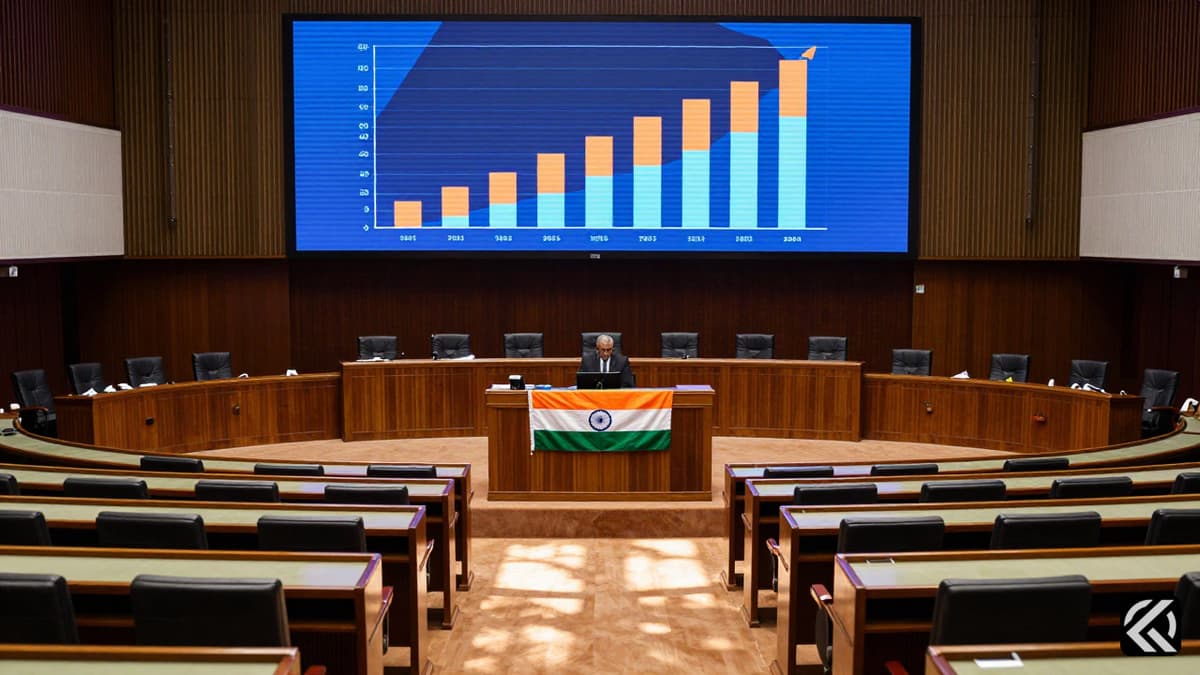 A parliamentary chamber with Indian flags and a digital screen showing abstract rising bar charts representing data growth.