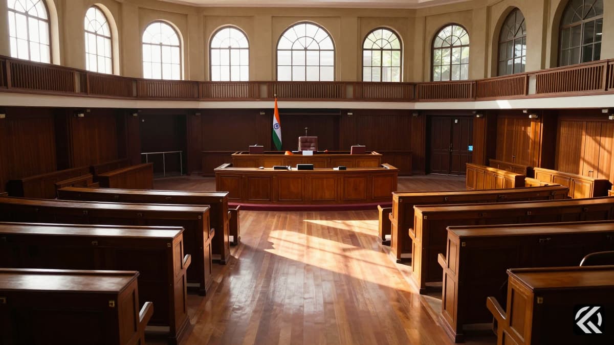 Indian Parliament chamber with national flag on Speaker's chair