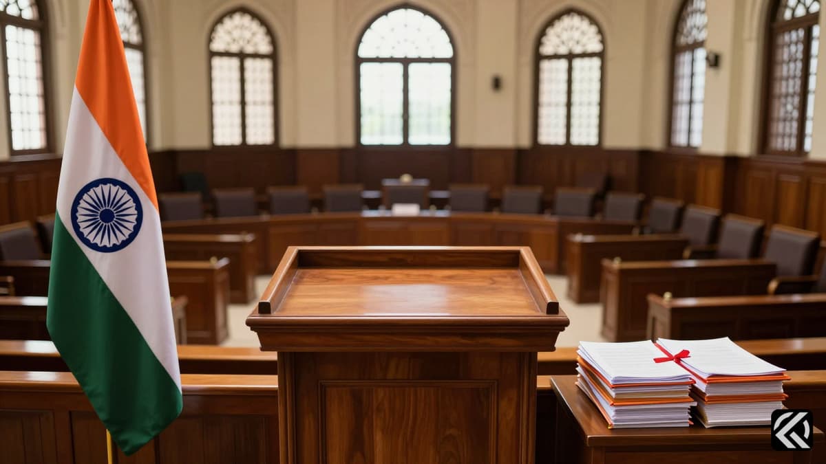 Indian parliamentary chamber with podium, flag, and documents representing legislative proceedings