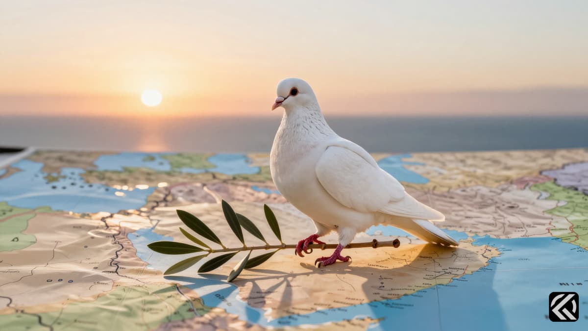 A white dove on an olive branch rests on a map of the Middle East at sunrise.