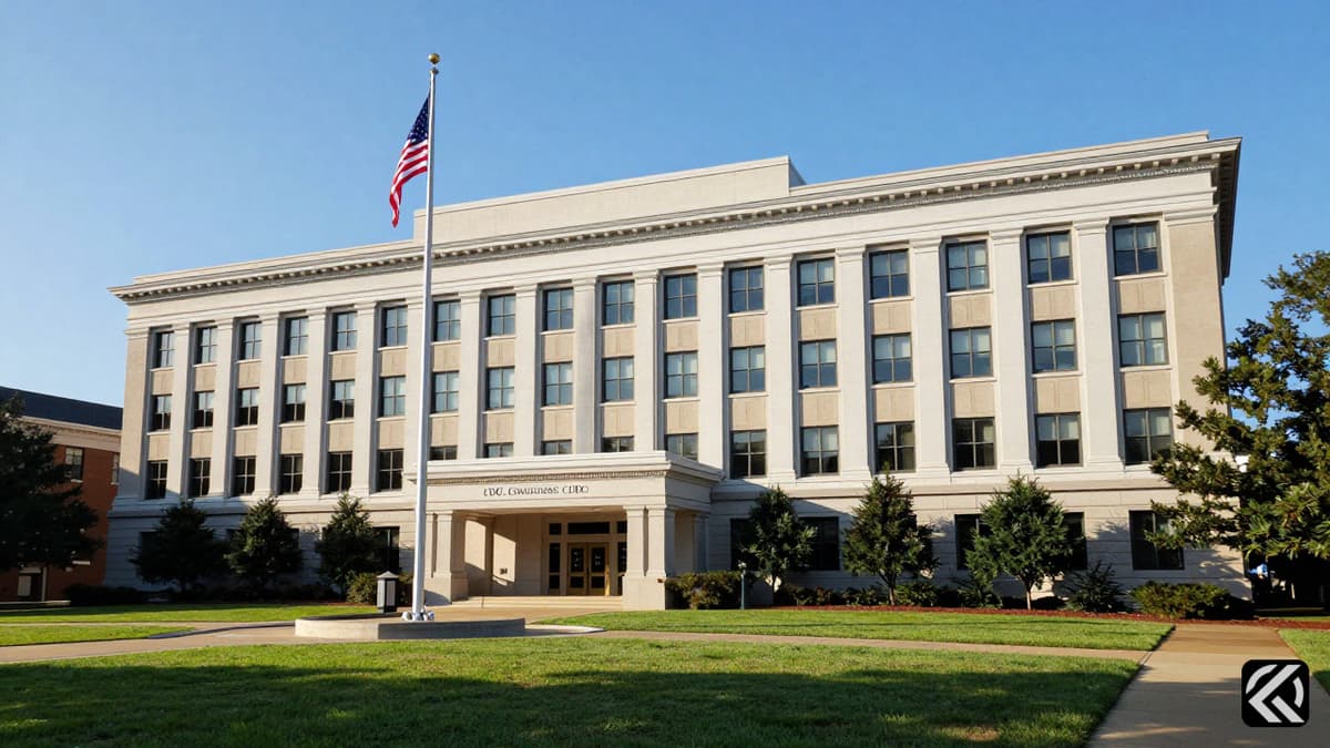 The exterior of the CDC building in Atlanta with the US flag flying in front.