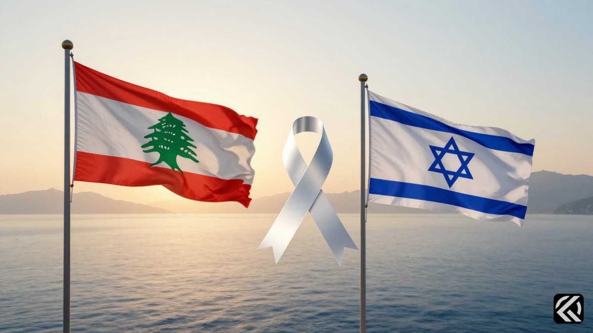 Flags of Lebanon and Israel waving side-by-side over the sea with a connecting light ribbon symbolizing a truce.