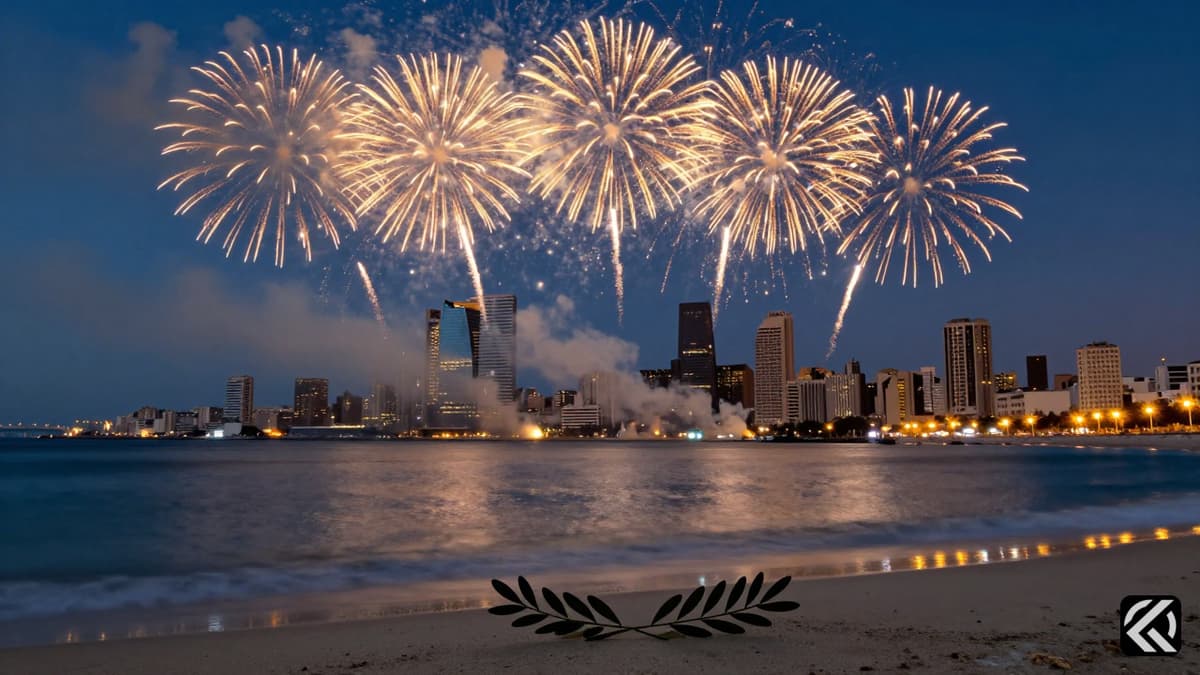 Beirut skyline at night with fireworks over calm waters, symbolizing the fragile Lebanon ceasefire.
