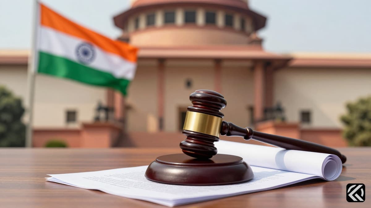 Gavel and legal documents resting on a desk outside the Supreme Court of India building with the national flag waving.