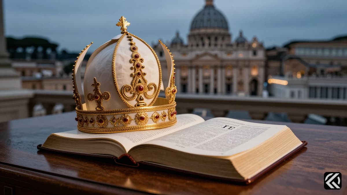 A papal tiara and Bible on a desk with a Vatican skyline, symbolizing the church's stance on peace.