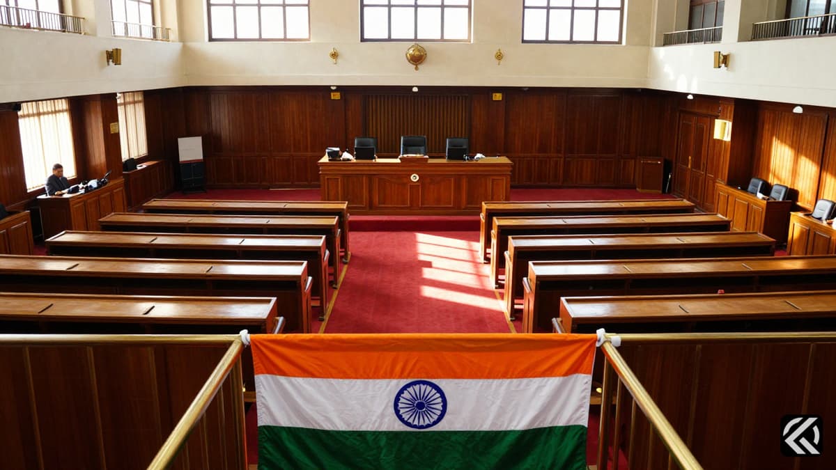 Empty Lok Sabha chamber with Indian flag draped over railing under warm sunlight, symbolizing upcoming legislative proceedings.