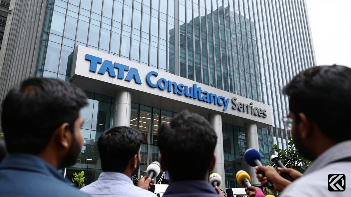Exterior of TCS Nashik office with reporters gathering for press coverage.