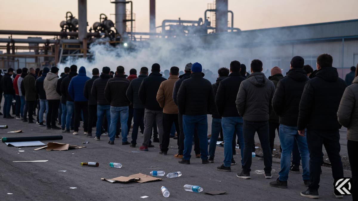 Smoke-filled industrial street with scattered debris and a crowd of workers facing away.